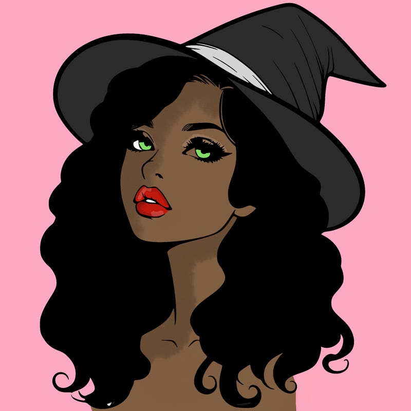 realistic witch girl with wavy hair and lips