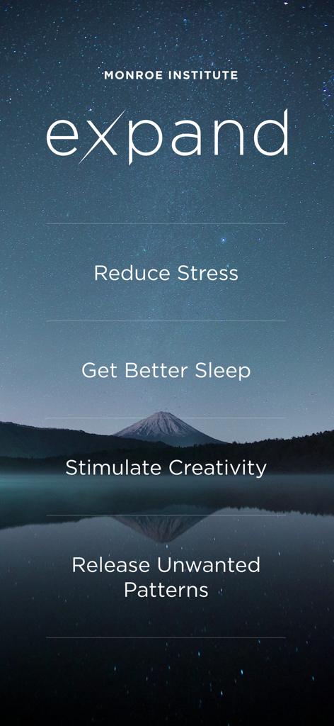 Expand: Beyond Meditation - Expand meditation app home screen showing benefits like stress reduction and better sleep over a starry night landscape.