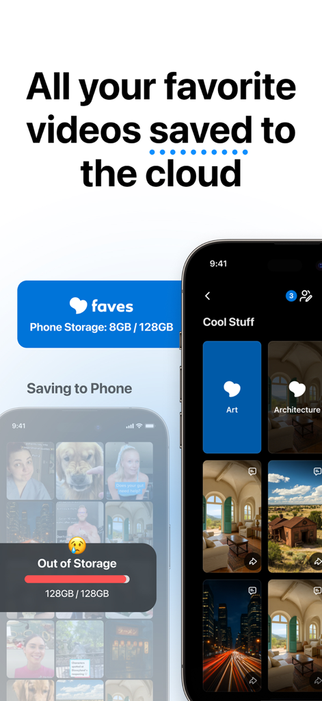 Captura de pantalla de la interfaz de la aplicación Faves que muestra el almacenamiento de video en la nube y la optimización del almacenamiento del teléfono
