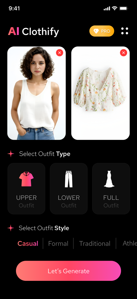 AI Clothify app interface for selecting outfit type and style