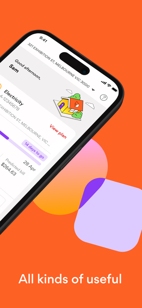 Origin Energy app dashboard showing electricity account details and predicted bill information on a smartphone