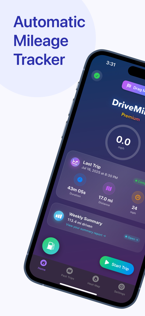 DriveMind: Dash Cam & Mileage - iPhone screen showing the DriveMind dashboard with automatic mileage tracking and a summary of recent trips.