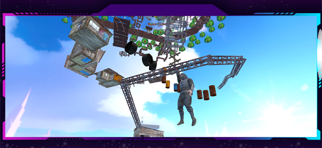 Only Parkour : Climb Up & Jump - Ein Ninja-Charakter hängt an einem Metallträger über schwebenden Plattformen am Himmel.