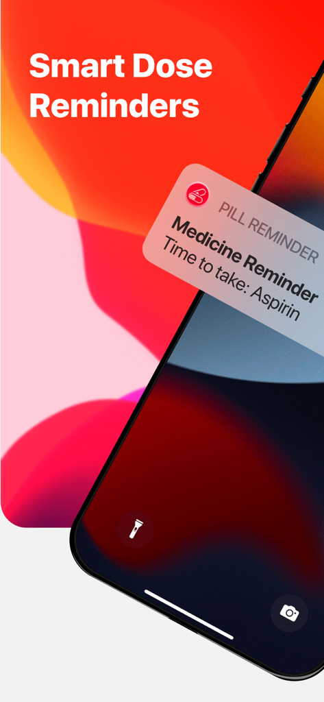 Pill Reminder - Health App - iPhone screen displaying a smart dose reminder notification for aspirin from the Pill Reminder health app
