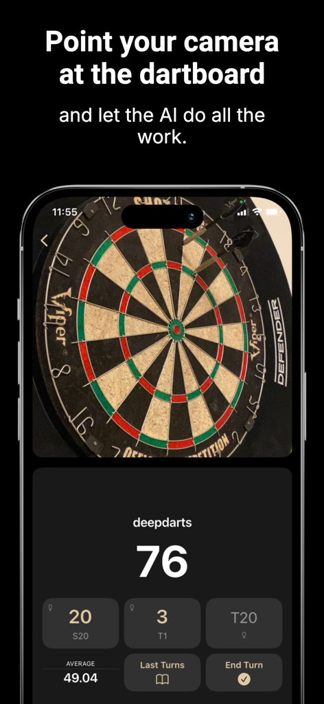 DeepDarts app interface showing AI automatic scoring of a dartboard using an iPhone camera
