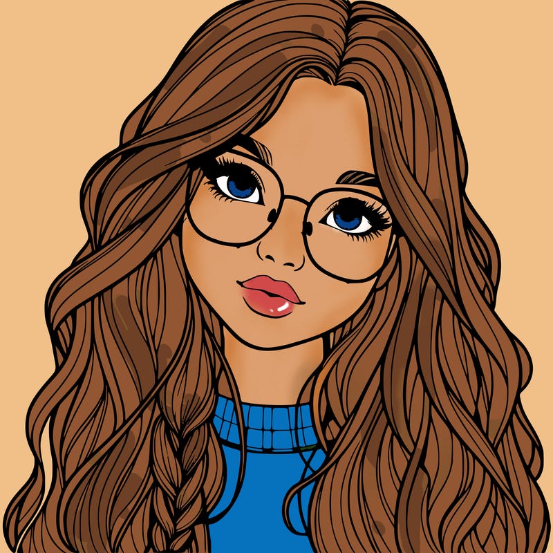 girl with long hair and freckles and glasses realistic