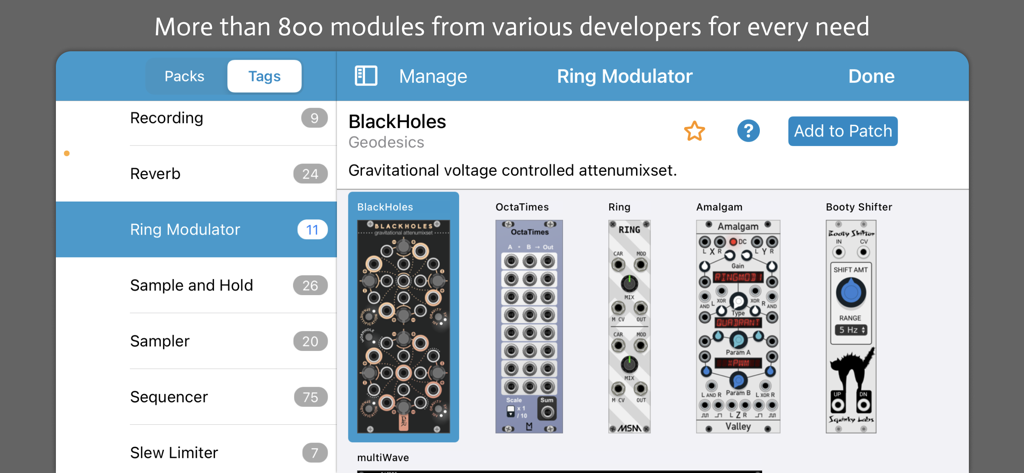 Interface of miRack app displaying a selection of virtual modular synthesizer modules and audio effect categories