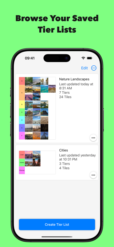 Mobile app interface of TierCreator showing a gallery of saved tier lists including Nature Landscapes and Cities.