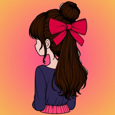 realistic girl  with hip length hair a bun and a big bow on the back of head