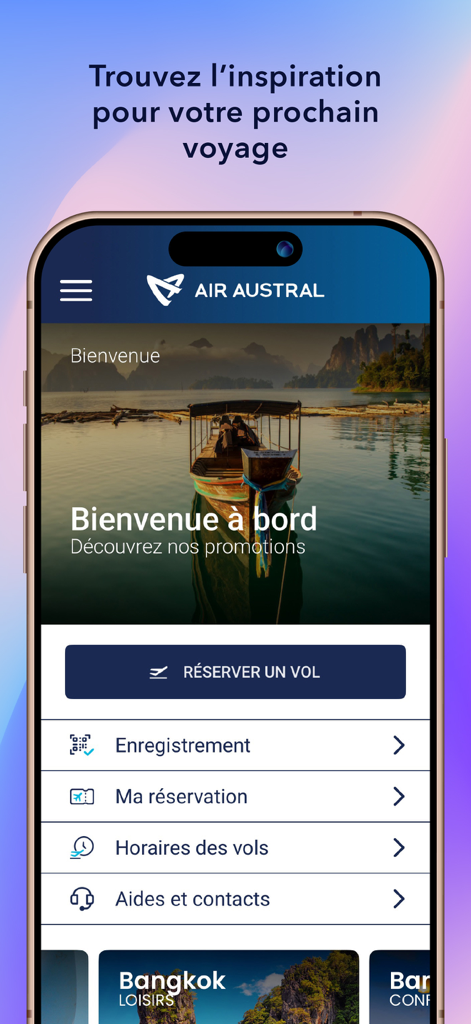 Air Austral airline app homepage showing booking and check in menu