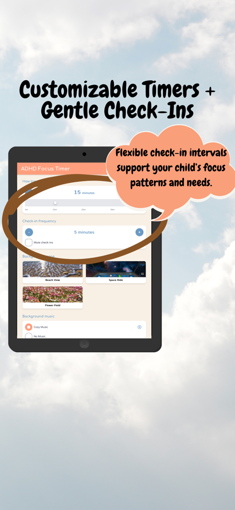 ADHD Focus Timer - ADHD Focus Timer app settings showing customizable timer intervals and calming background options
