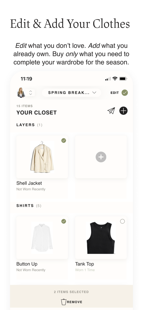 Interface of the Cladwell app showing the digital closet management and wardrobe editing feature