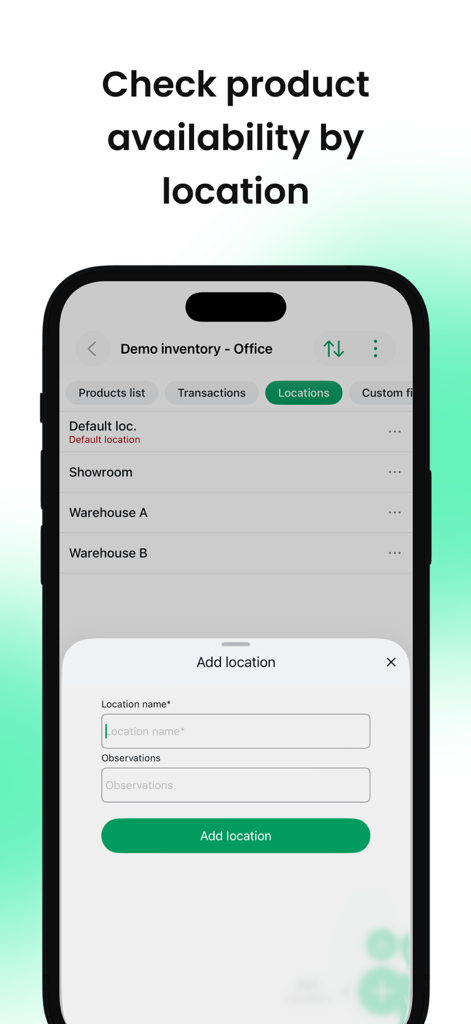 Mobile Inventory: Scan & Track - Mobile Inventory app interface showing multi-location management and an add location form.