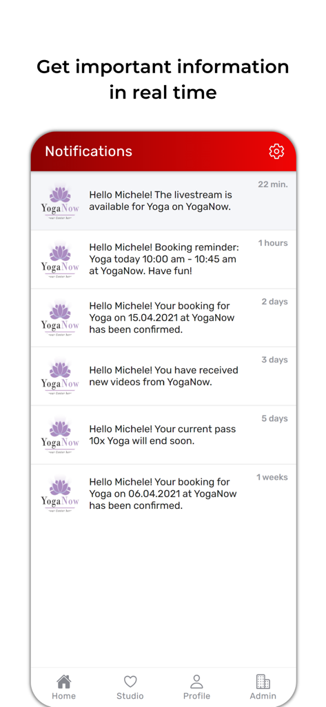 A smartphone screen showing real-time notifications for fitness classes and booking updates