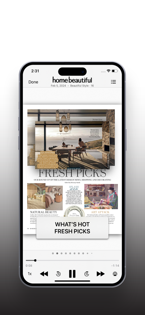 Home Beautiful app displaying digital magazine content with interior design tips and fresh decor picks.