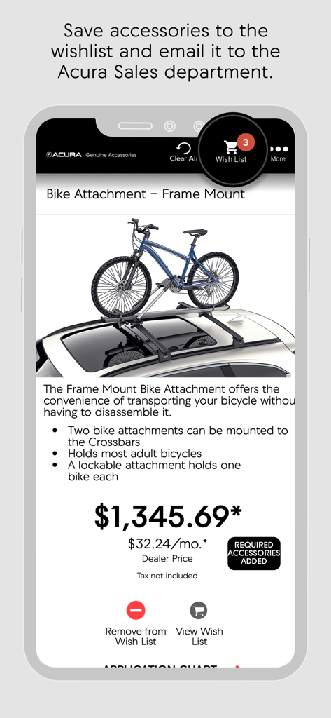 Acura app showing a bike attachment accessory with price and wishlist options