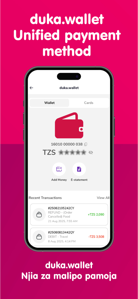 duka.direct - Smartphone screen displaying the duka.wallet unified payment interface with transaction history and account balance