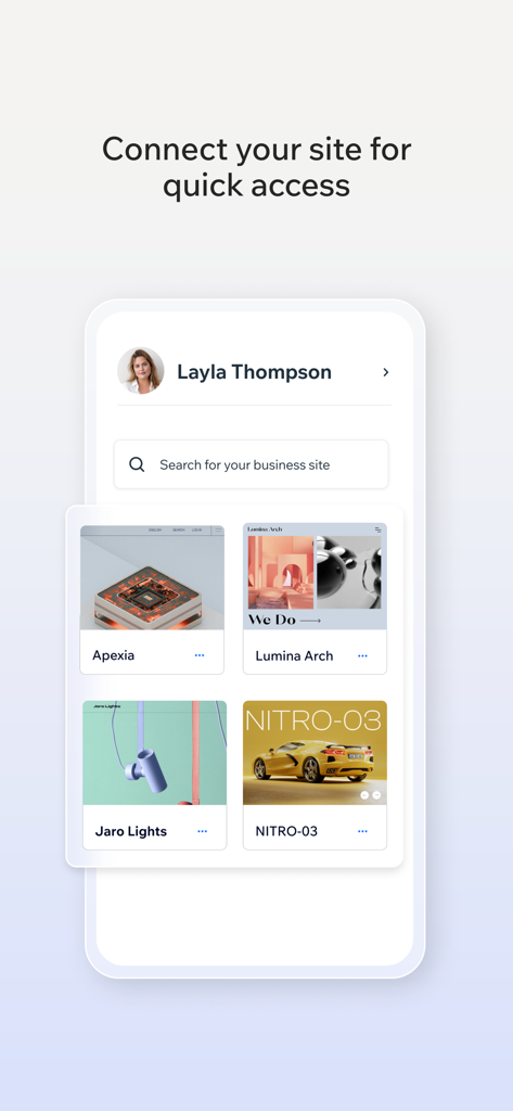 Wix Studio - Wix Studio App-Oberfläche, die ein Benutzerprofil und ein Raster von verbundenen Kundenwebsites zur schnellen Verwaltung anzeigt.