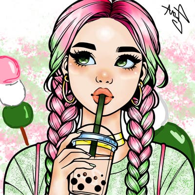 realistic girl with braided hair drinking boba