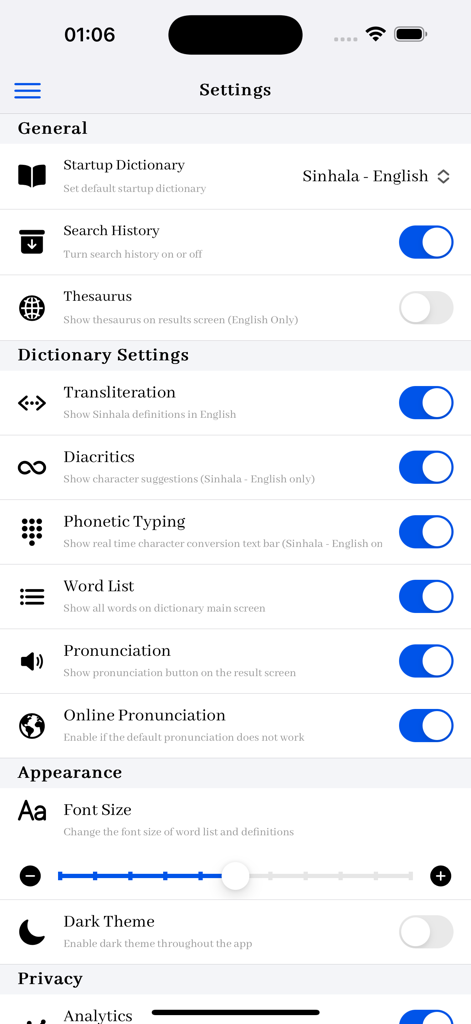 Settings menu of the Sinhala Dictionary Offline app showing dictionary and display options