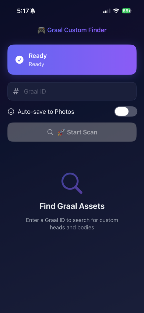 Graal Custom iFile - Search screen of the Graal Custom iFile app featuring an input field for Graal ID and a start scan button to find custom player assets