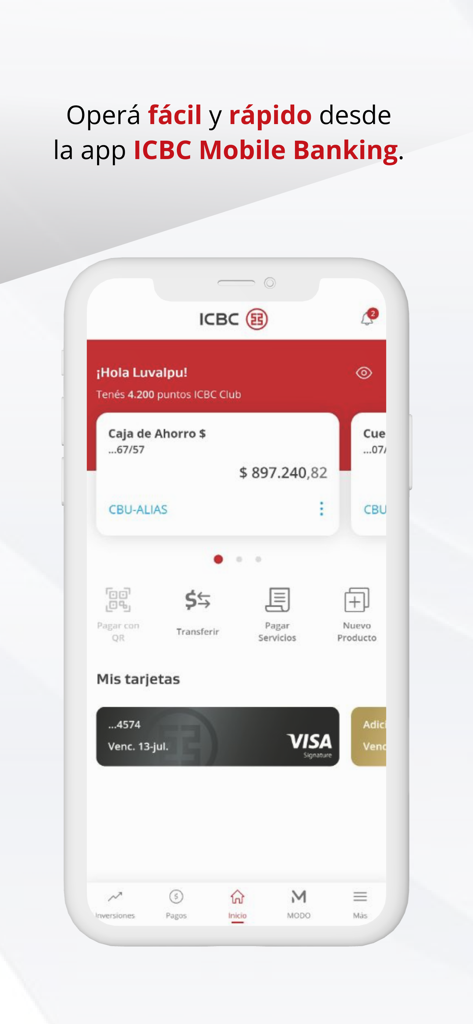 Interfaccia dell'app ICBC Mobile Banking Argentina che mostra il saldo del conto di risparmio e le opzioni di menu