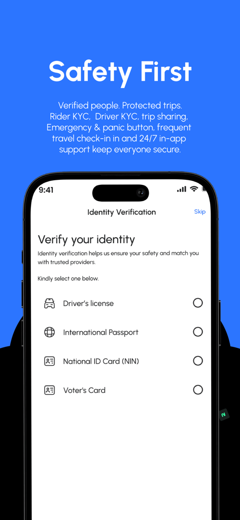 Linc Ride - L'interface de l'application Linc Ride montrant les options de vérification d'identité et les fonctionnalités de sécurité.