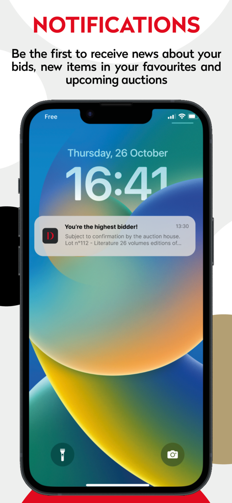 Smartphone displaying a notification from Drouot app stating the user is the highest bidder for an auction lot