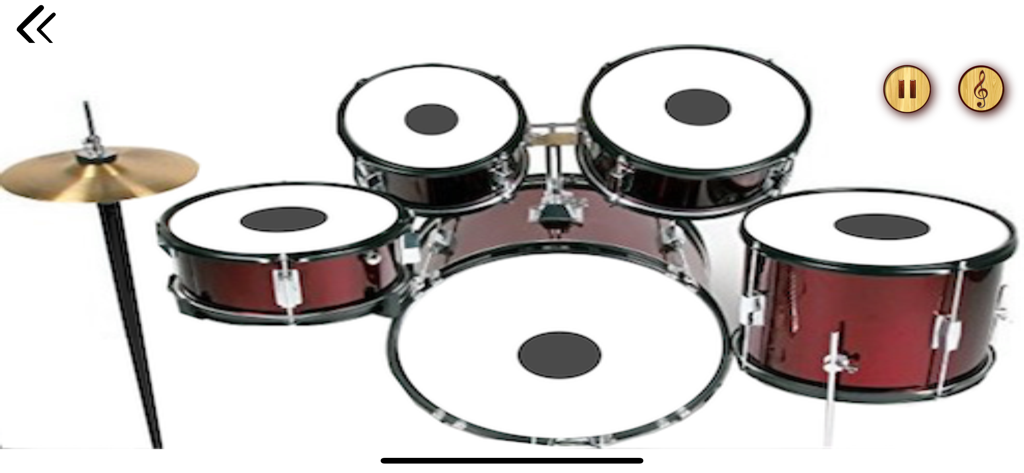 Tabla Drums Dhol Piano Guitar - A virtual drum kit interface featuring snare, toms, bass drum, and a cymbal on a white background.