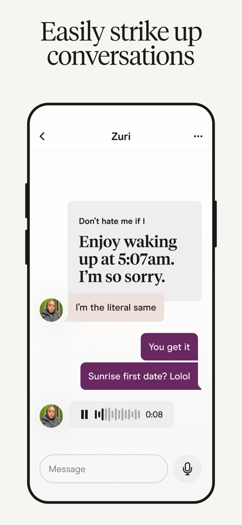A chat conversation in the Hinge app showing a response to a profile prompt and a voice message.