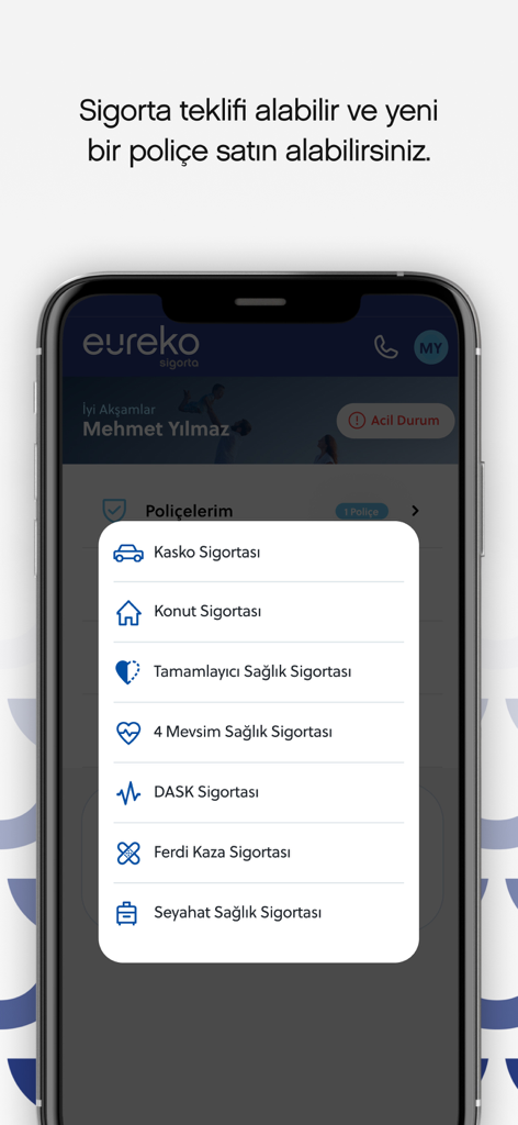 Eureko Sigorta app screen showing a selection menu for different insurance types including car, home, health, and travel insurance.