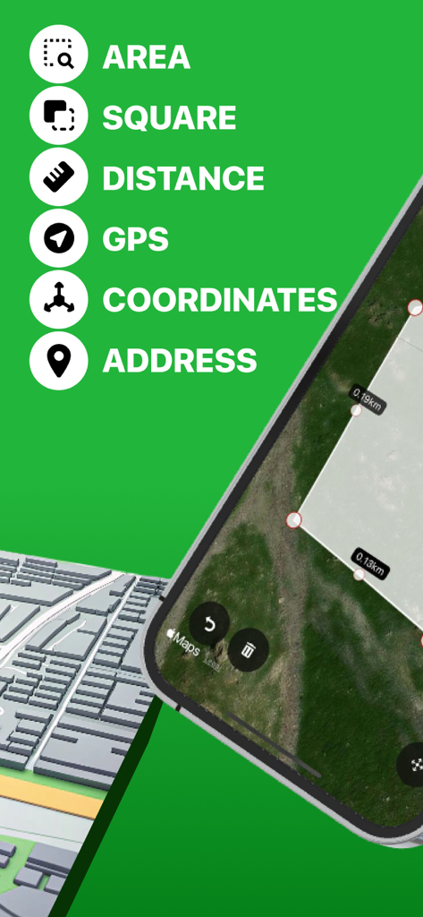 Interfaz mostrando herramientas de medición de tierra para área, distancia y coordenadas GPS en un mapa satelital