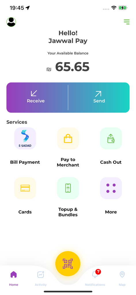 JawwalPay+ - JawwalPay plus mobile app home screen displaying account balance and financial service icons