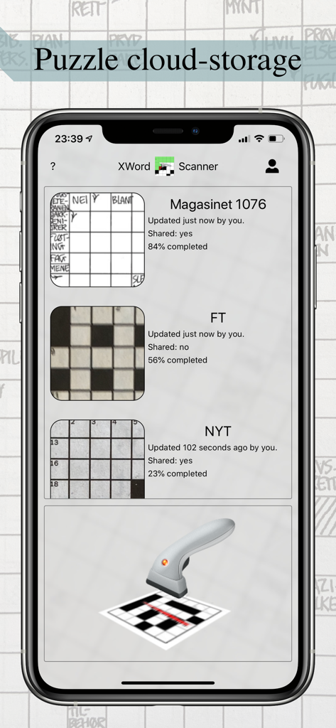 Smartphone screen showing a list of scanned crossword puzzles with completion status and sharing options
