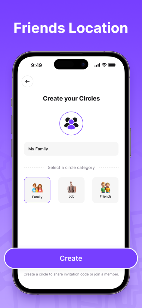 Findmykids - GPS Phone Tracker - Interface of SafeTrack app showing the Create your Circles screen with category options for Family Job and Friends