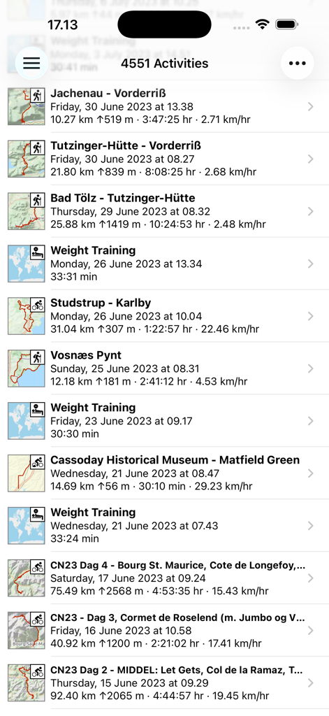 RunGap - Workout Data Manager - Liste synchronisierter Trainingseinheiten in RunGap, einschließlich Daten zu Distanz, Höhenunterschied und Dauer