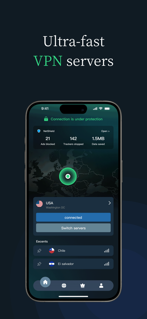 VPN - New VPN Planet Buck - iPhone screen displaying the VPN Planet Buck app interface with an active secure connection to a USA server and statistics for blocked ads and trackers.