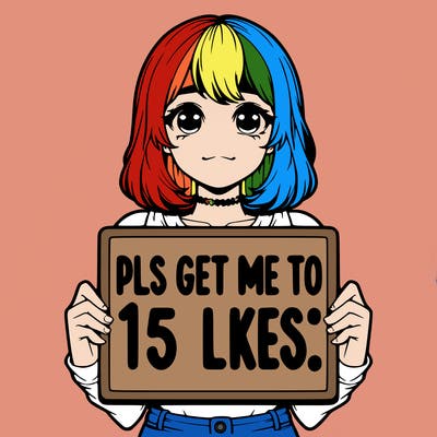 realistic girl holding up a sign that says “pls get me to 15 likes!”