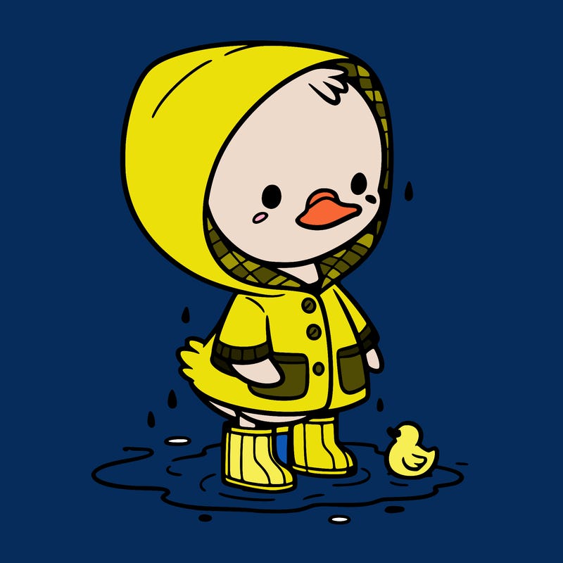 baby duck in a rain coat and boots, in a puddle while it’s raining