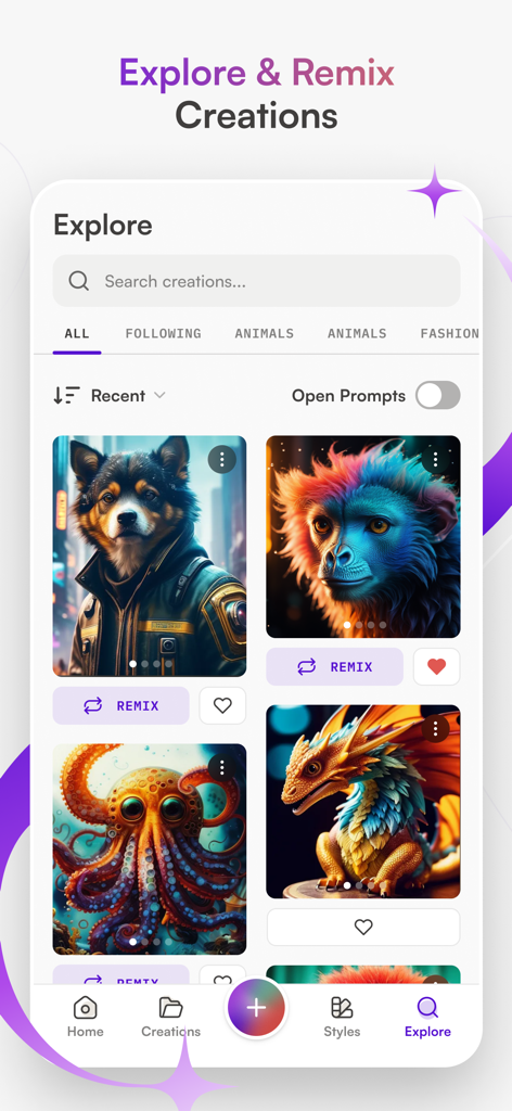 Interfaz de la app starryai que muestra un feed de exploración de arte de animales generado por IA con una función de remezcla