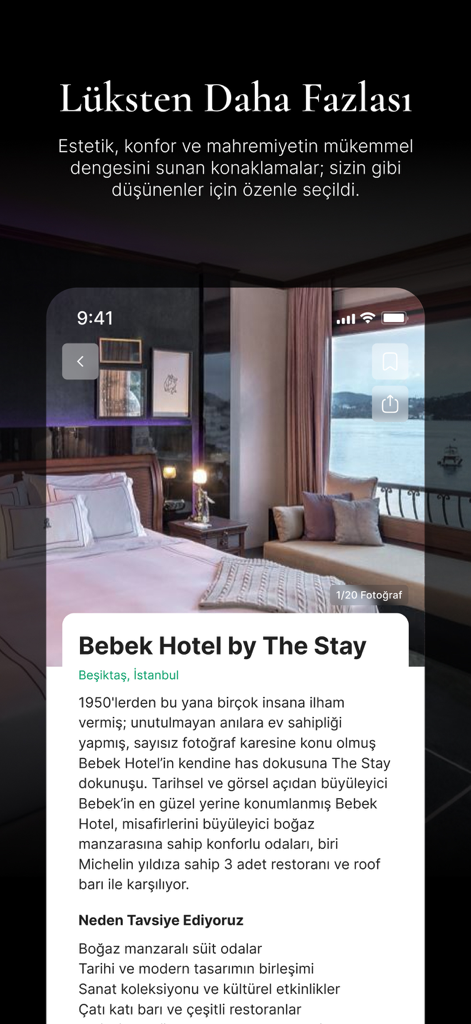 Rezervem - Rezervem app screen displaying a luxury suite at Bebek Hotel with a view of the Bosphorus and high end concierge details
