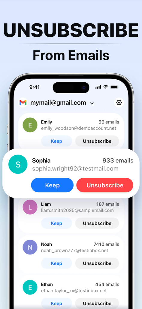 Interfaz de la aplicación CleanSlate que muestra la función de darse de baja de correos electrónicos en una pantalla de iPhone.