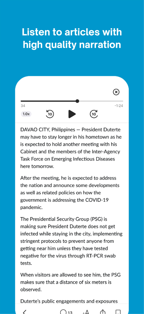 Philstar - Philstar app interface showing an article with high quality audio narration controls and playback features.