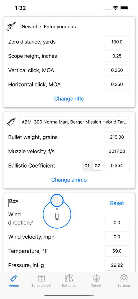 Ballistics Calculator 2026 - Mobile app interface showing input fields for rifle settings ammunition specs and environmental conditions for ballistics calculation