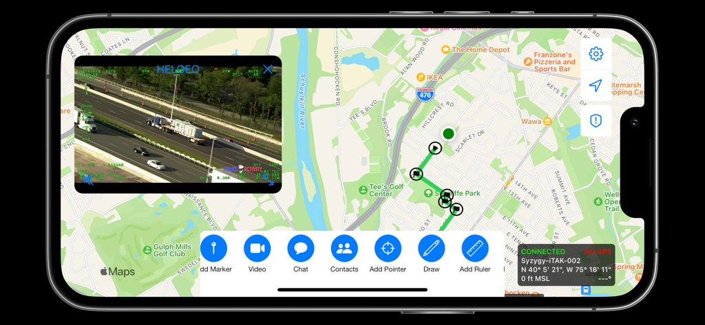iTAK - iTAK interface displaying a tactical map with mission markers and a live video stream overlay