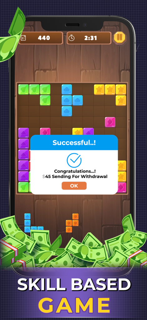 Block Puzzle: Win Real Money! - Block Puzzle game screenshot showing a successful forty five dollar cash withdrawal message