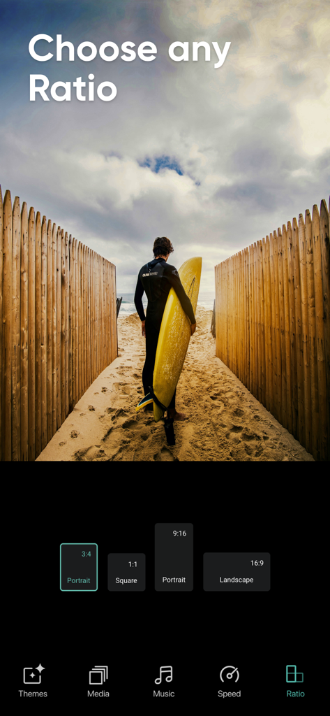 Slideshow Maker w Music - Slideshow Maker app interface showing various aspect ratio options like portrait square and landscape for video editing