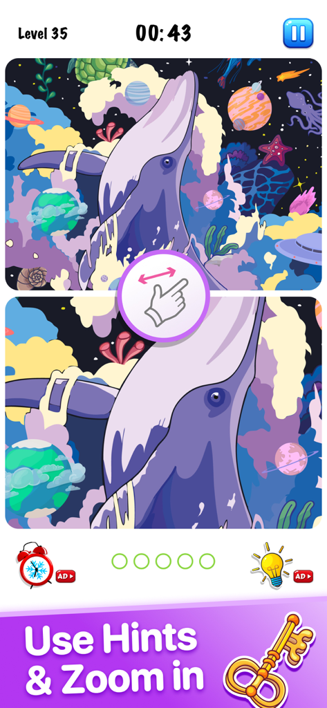 Find the Difference・spot games - Gameplay screenshot of a spot the difference puzzle featuring cosmic whales and a zoom gesture icon.