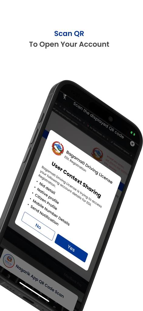 A smartphone screen showing the Nagarik App scanning a QR code for driving license registration and user context sharing