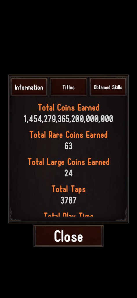 Coin Clicker - Coin Tap Game - The information tab in Coin Clicker showing player statistics including total coins earned and rare coins collected